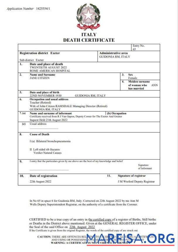 Downloadable Italy vital record death certificate Word and PDF template